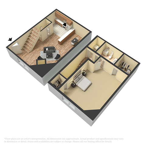 Floor plan for 1 bed, 1.5 baths, 850 sqft